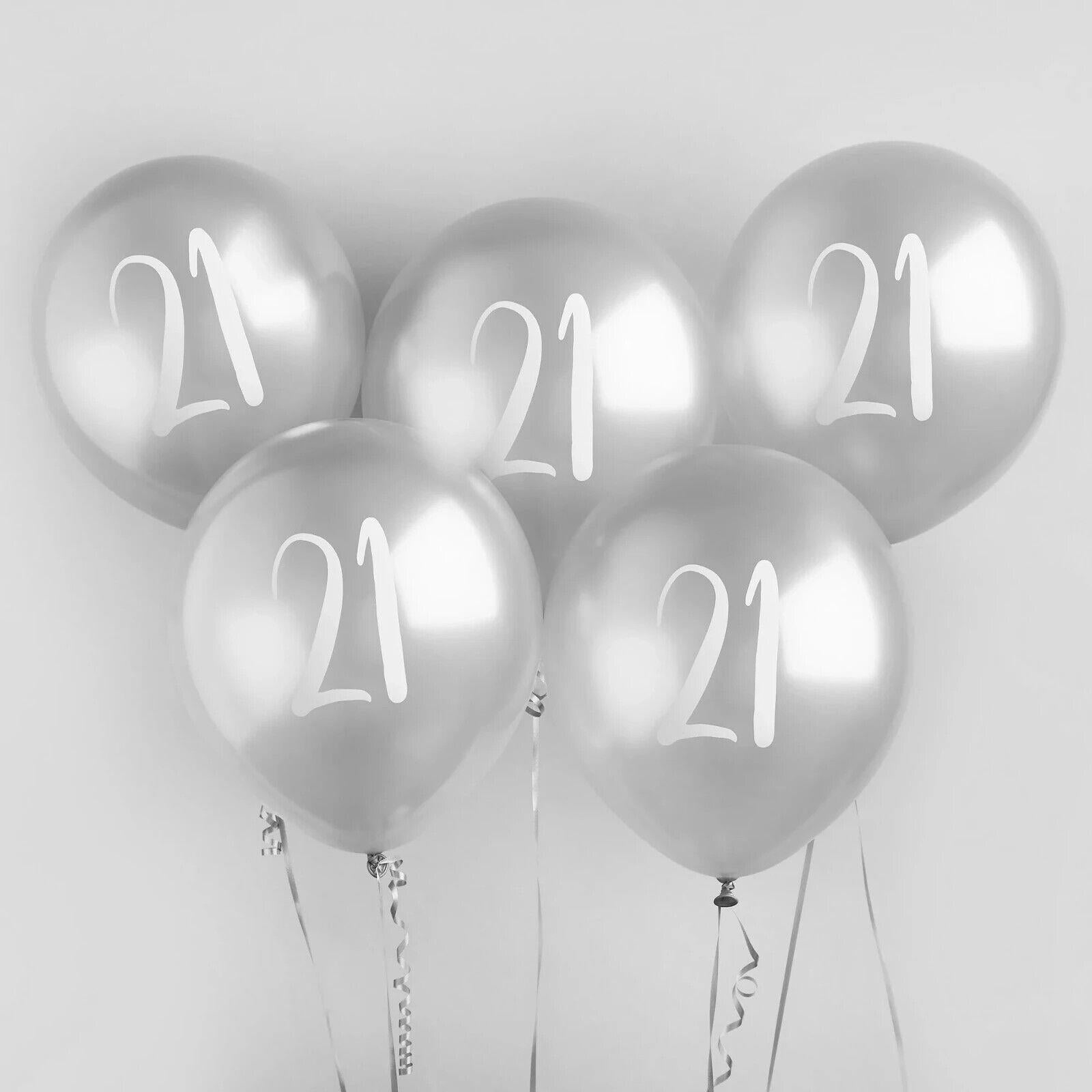 Silver Number 21 Latex Balloons 5pk