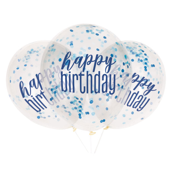 12'' Clear Printed Glitz ''Happy Birthday'' Balloons with Confetti, Blue & Silver 6pk