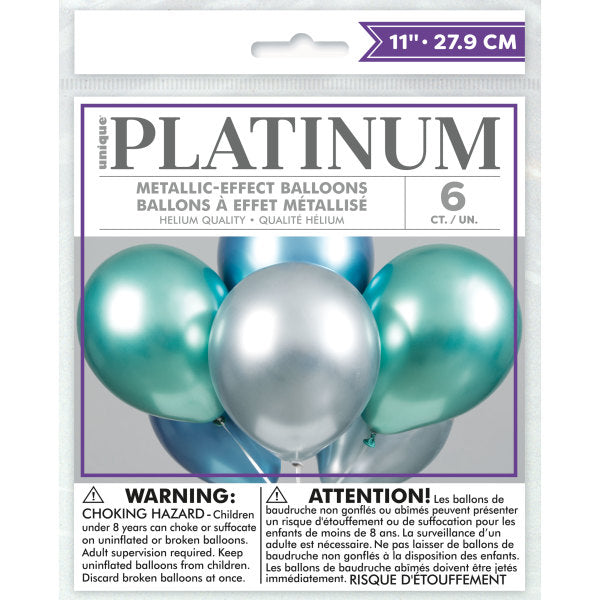 Blue, Green & Silver Platinum 11'' Latex Balloons, 6pk - Assorted