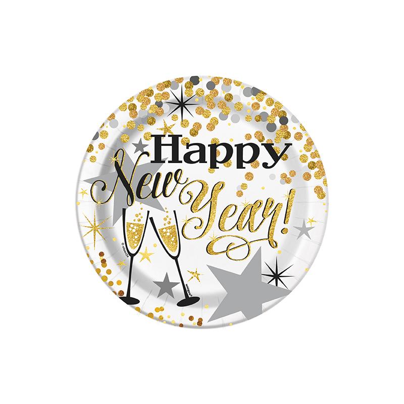 WHITE GLITTERING NEW YEAR PAPER PLATE 17.7CM 8PK