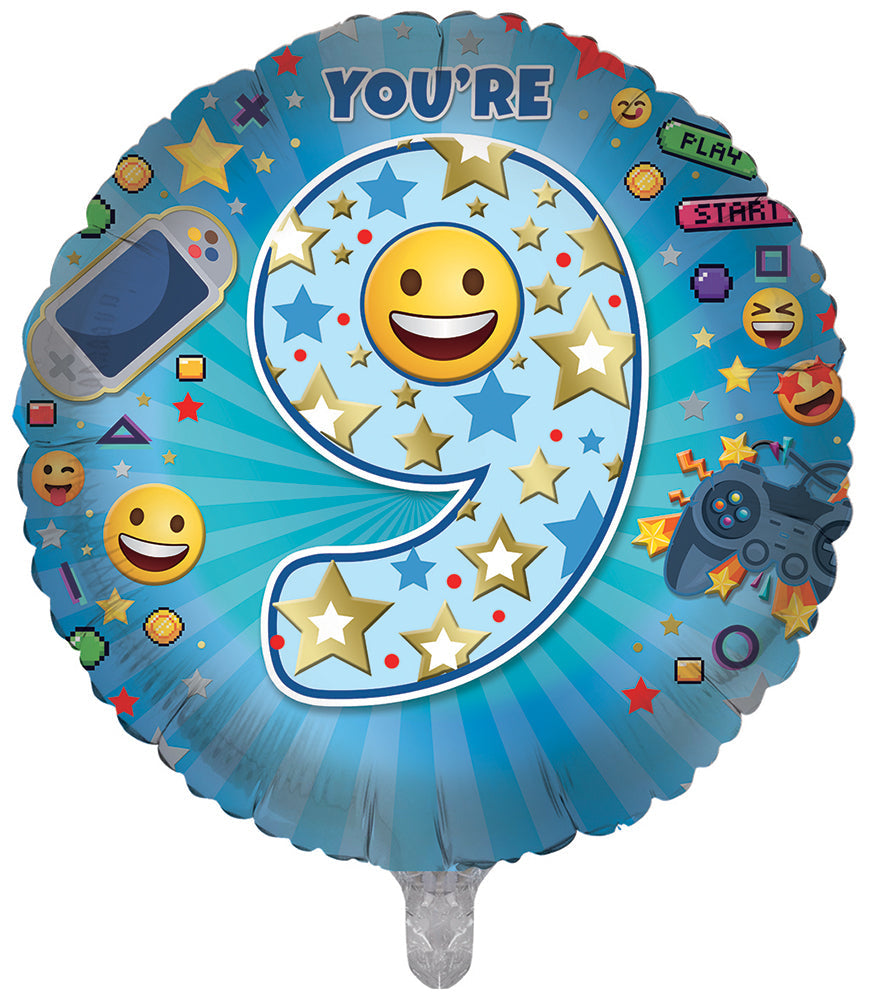 Emoji / Blue 9th Birthday 18 Inch Foil Balloon