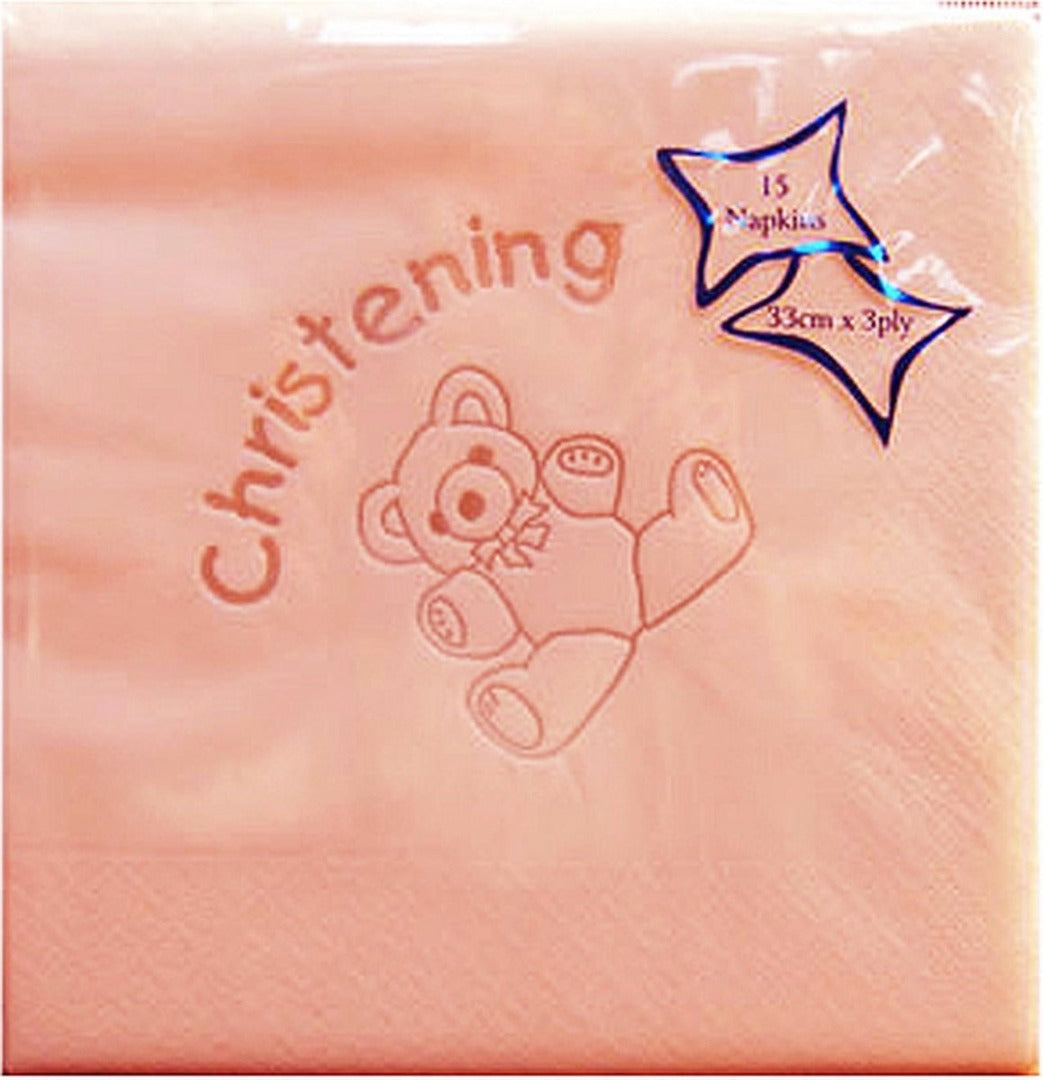 Pink Bear Christening Napkins 15pk