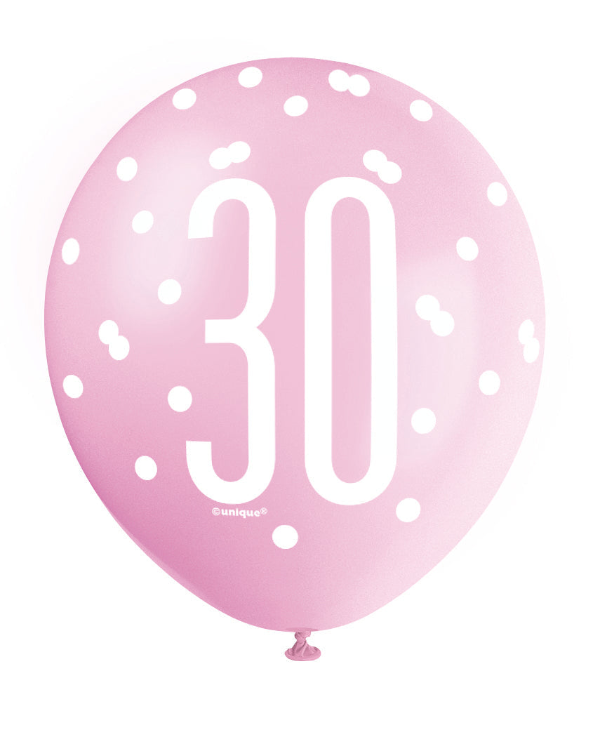 Pink Glitz 30th Birthday Latex Balloons 6pk