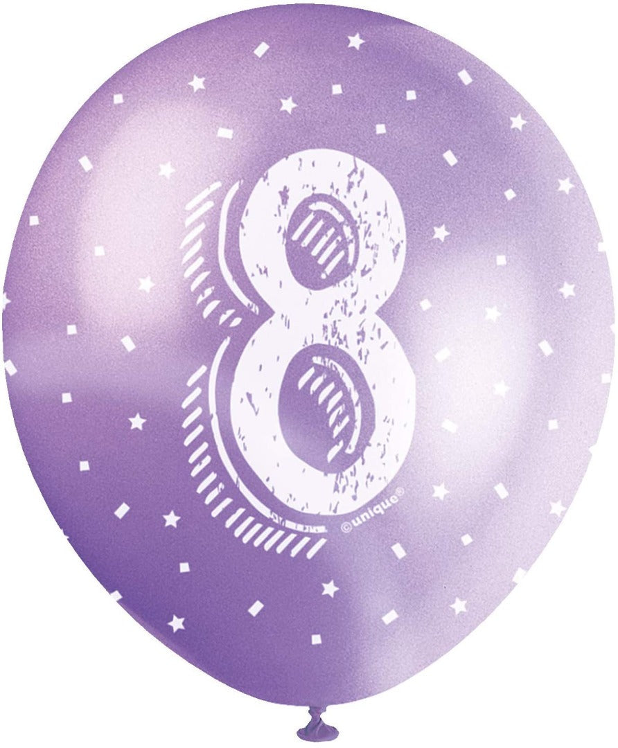 Pearlised Latex Assorted Number 8 Birthday Balloons, Pack of 5