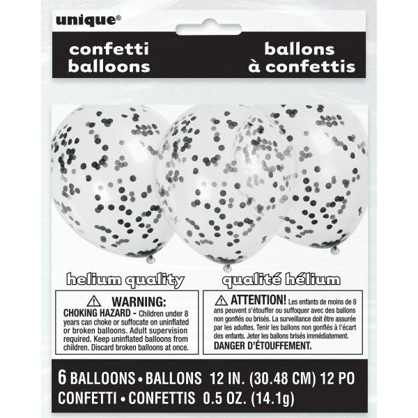 Clear Latex Balloons with Black Confetti 12'', 6ct