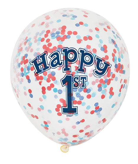 1st Birthday Red & Blue Confetti Balloons 6pk