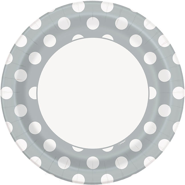 Silver Polka Dot Paper Party Plates 8pk