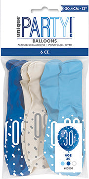 Blue 30th Birthday Balloons, Pack of 6