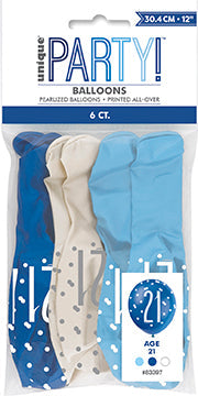 Blue Glitz 21st Birthday Latex Balloons 6pk