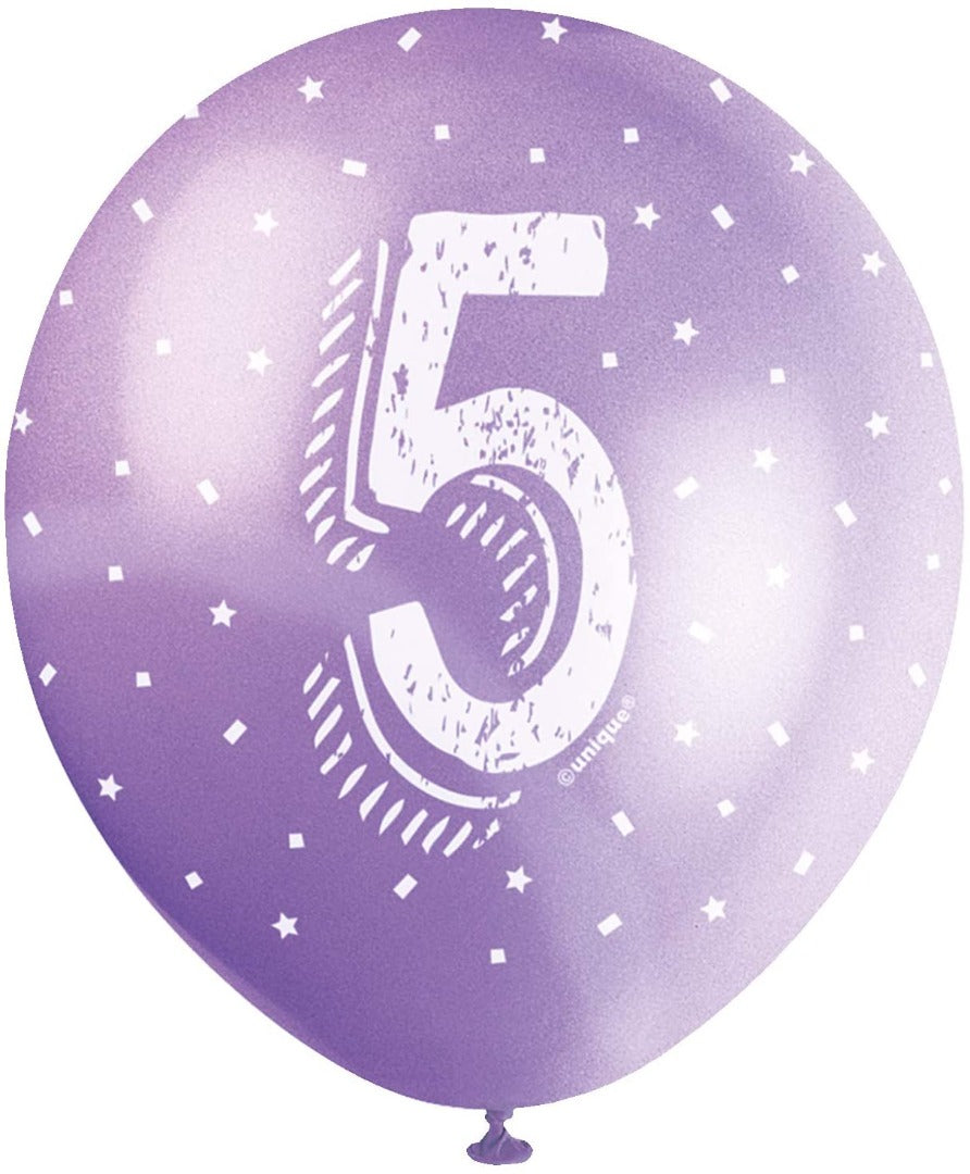 Pearlised Latex Assorted Number 5 Birthday Balloons, Pack of 5