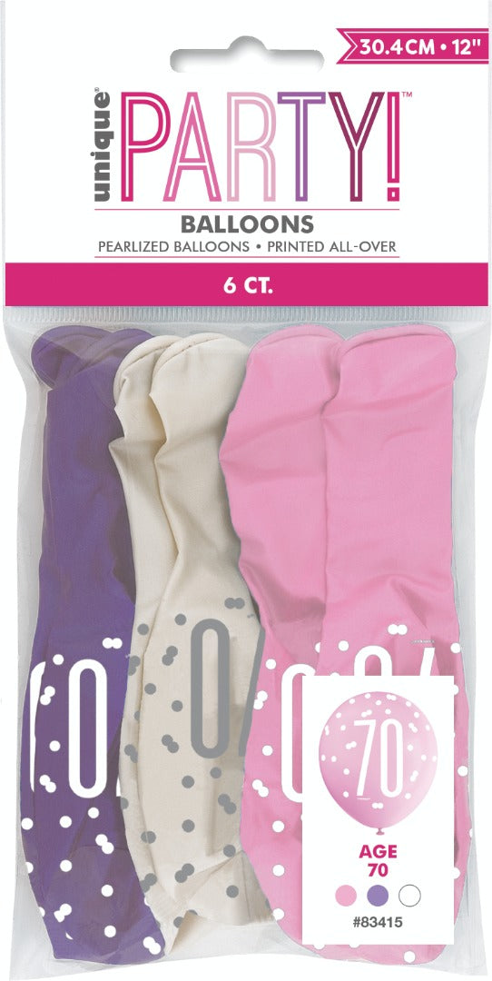 Pink Glitz 70th Birthday Latex Balloons 6pk