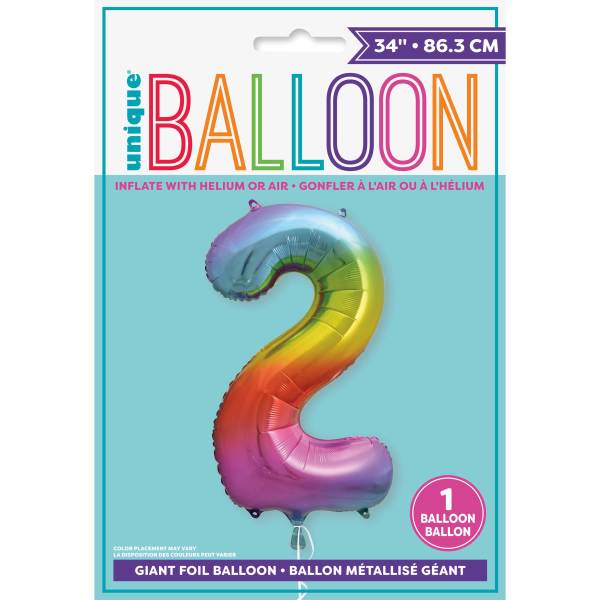 Rainbow Number 2 Shaped Foil Balloon 34'',