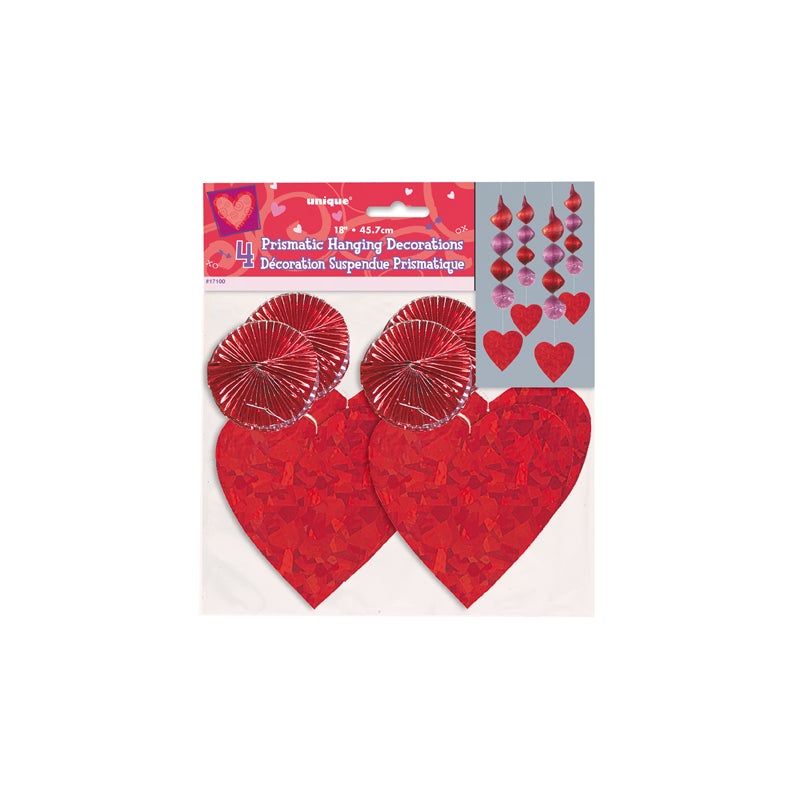 18'' PRISMATIC HANGING HEARTS 4PK